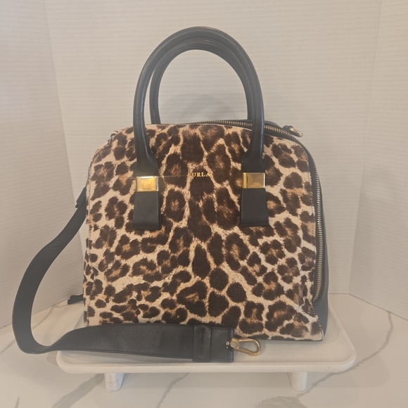 Furla Pony Style Calf Hair Leather Leopard Animal Print Satchel Shoulder Bag - Picture 13 of 16